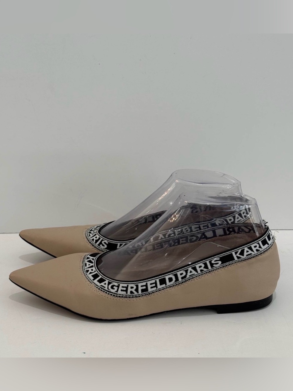 Karl Lagerfeld Paris Women's Beige Leather Vinette Pointed Toe Ballet Flats-7